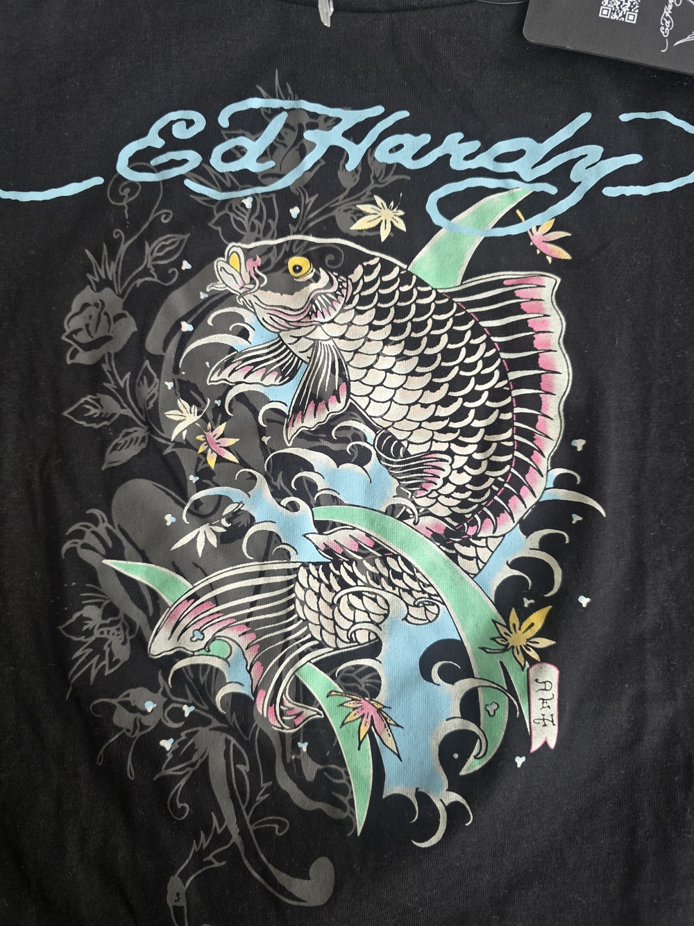 Ed Hardy Black Long Sleeve Graphic Tee with Multicolor Tattoo Print - Picture 4 of 5